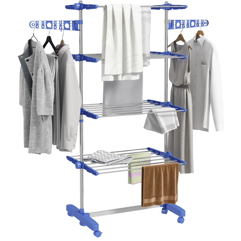 HOMCOM Opvouwbare Wasrek met 5 niveaus, One-Klick-Systeem, 142 cm x 55 cm x 172 cm, Blauw + Zilver