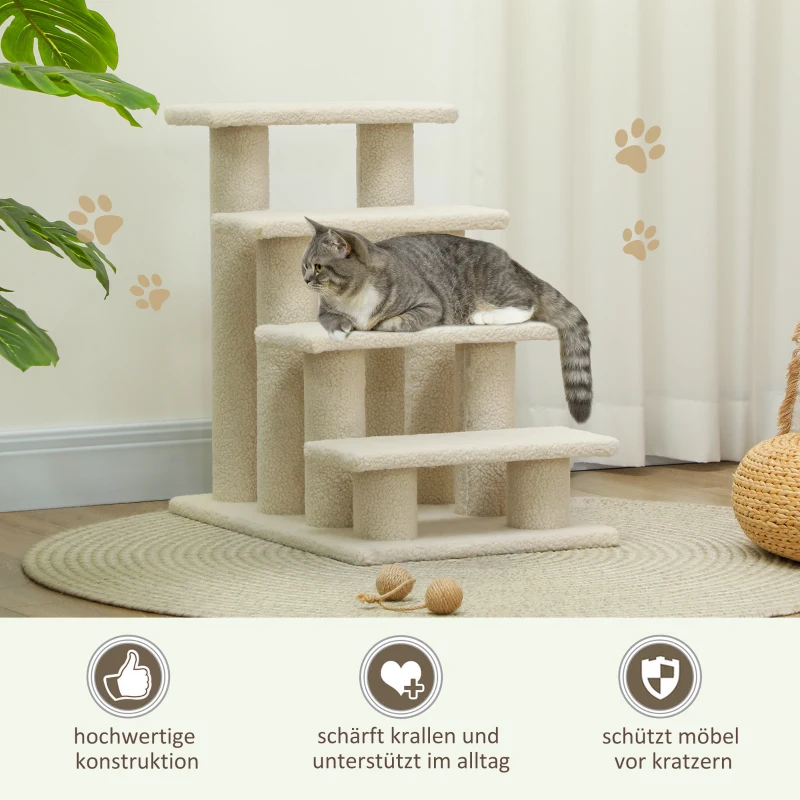 PawHut dierentrap, kattentrap, hondentrap, trap voor katten en honden, 4 treden, beige, 63,5 x 43 x 60 cm