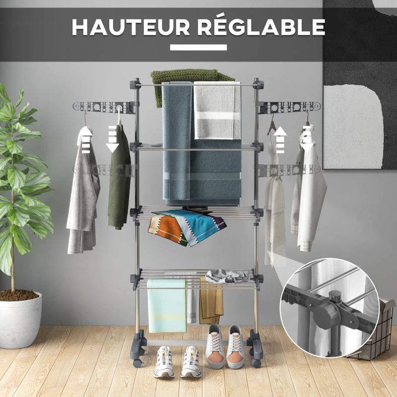 HOMCOM Séchoir à Linge étendoir pliable ailes latérales utilisation intérieure et extérieure 142 x 55 x 172 cm 4 niveaux gris