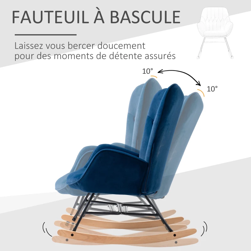 HOMCOM Fauteuil à Bascule, Rocking Chair, fauteuil allaitement confortable avec Structure en bois massif et métal pour Salon, Chambre, Balcon, Velours Bleu