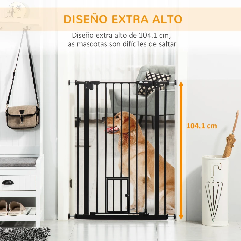 PawHut Barrera de Seguridad Extensible con Puerta Pequeña Cierre Automático y Sistema de Doble Bloqueo 74-101x104,1 cm Negro