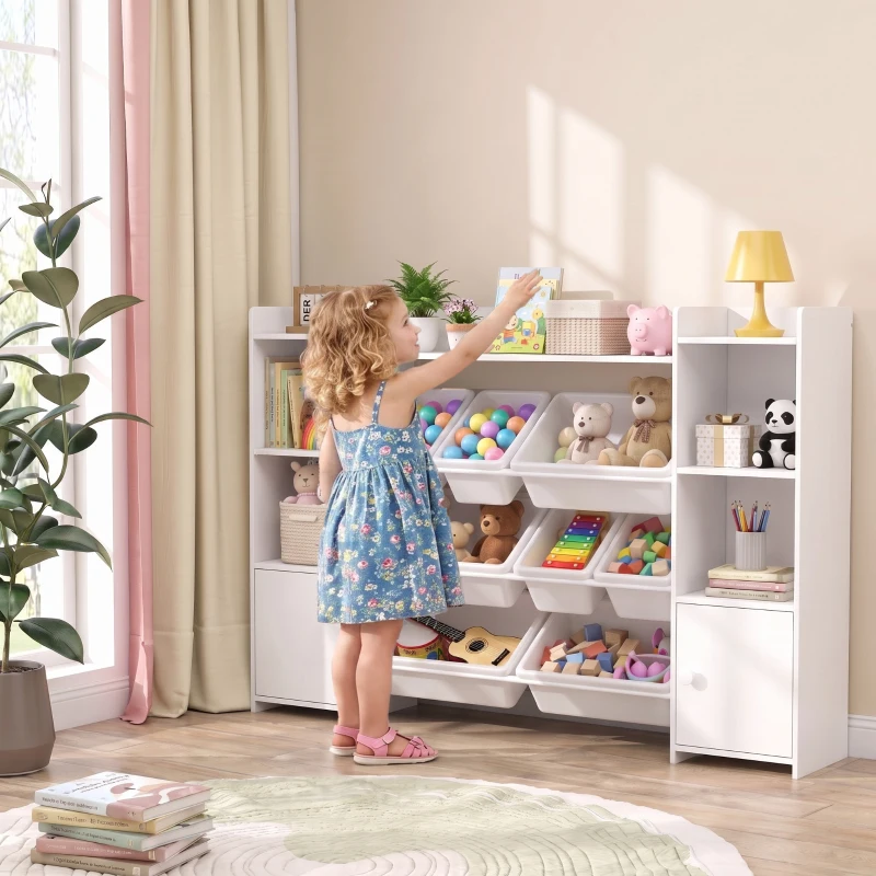 AIYAPLAY Scaffale Portagiochi per Bambini con 8 Contenitori Rimovibili e Armadietti, 140x30x90 cm, Bianco