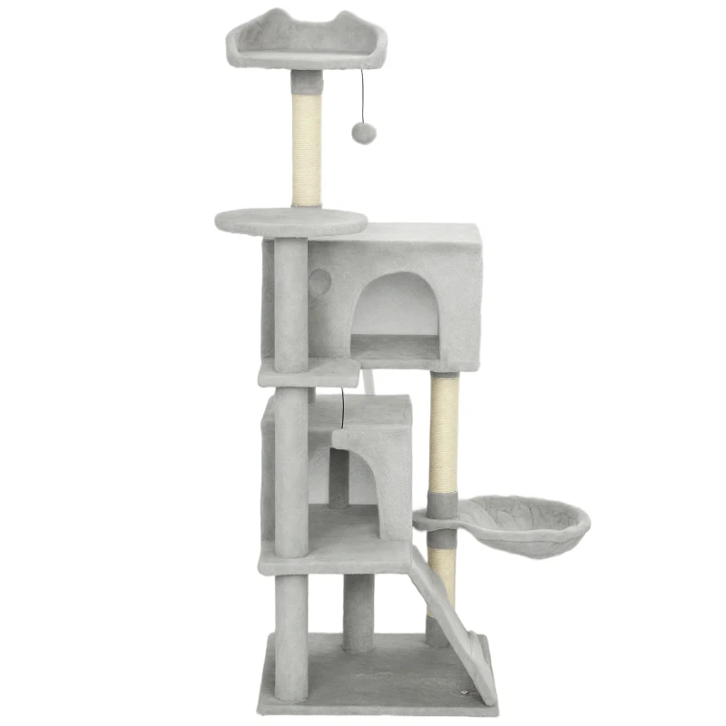PawHut Arranhador para Gatos com Múltiplas Plataformas Cama 2 Cavernas Rede Escada Postes de Sisal 48x48x140 cm Cinzento Claro