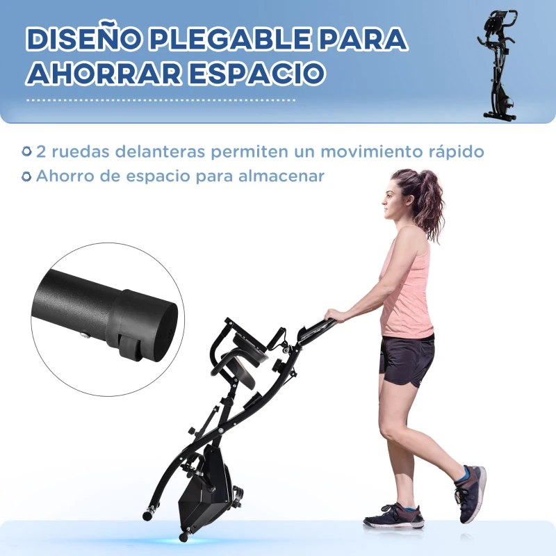 HOMCOM Bicicleta Estática Plegable 3 en 1 con Respaldo y 8 Niveles Resistencia Magnética, Bicicleta Estática en Casa Ajustable con Monitor LCD Volante Bandas Sensor de Pulso Soporte de Teléfono Negro