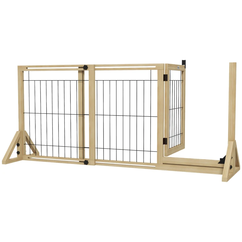 PawHut Poartă pentru Câini Extensibilă cu Ușă și 2 Panouri, Baze Triunghiulare, 112-159x70 cm, Lemn Natural