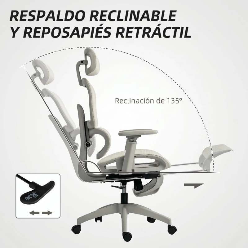 HOMCOM Silla de Oficina Ergonómica de Malla con Reposabrazos 3D Reclinable a 135° Reposacabezas Ajustable Beige