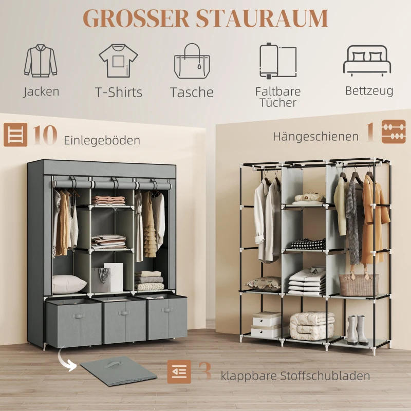 HOMCOM Vliesstoffen Kledingkast, Opvouwbare Kast, Incl. 3 Laden, 125 cm x 43 cm x 162,5 cm, Lichtgrijs(m-4)
