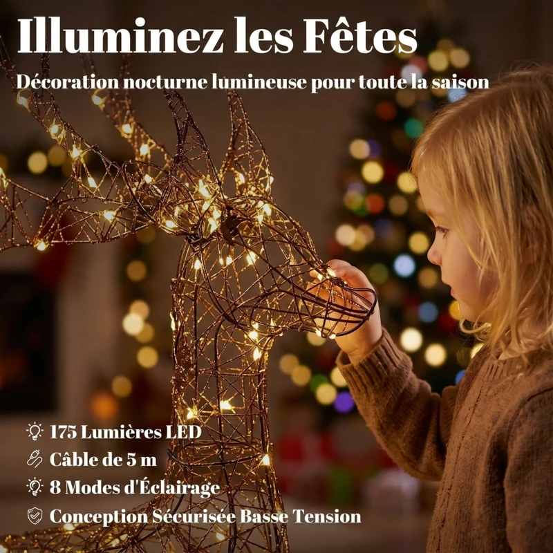 Outsunny Renne de Noël avec Traîneau Lumineux 2 Pièces en Rotin PP, 175 LED Blanc Chaud, 8 Modes, Minuterie, 82x32x120cm, Marron