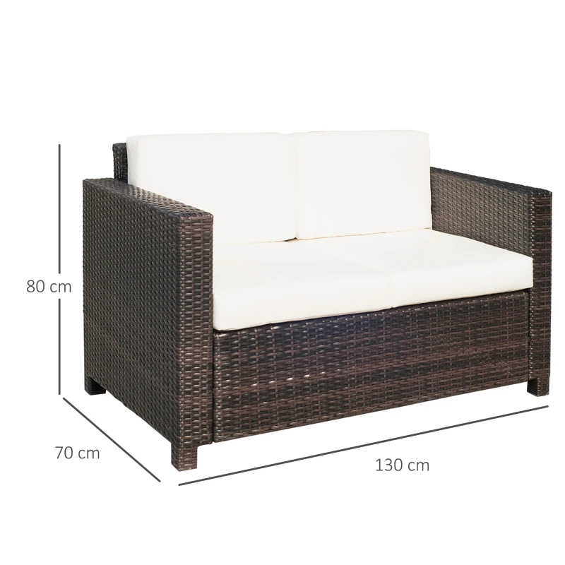 Outsunny tuin lounge PE rotan bank met kussens 2-zits tuin lounge bank buiten metaal polyester bruin + wit 130 x 70 x 80 cm
