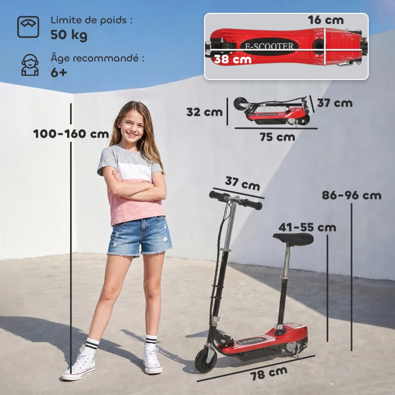 HOMCOM Trottinette Électrique 120 W Pliable pour Enfants de 7 à 12 Ans Hauteur de Guidon et Selle Réglable 10 Km/h Max. 2 Roues en PU Rouge