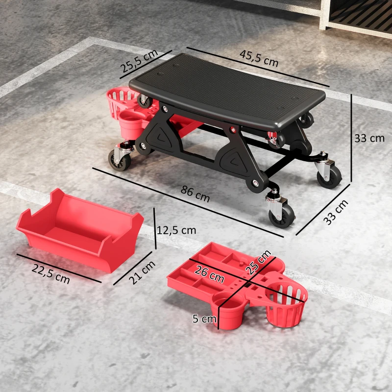 HOMCOM Werkplaatskruk met Afneembare Zitting en Wielen, Opbergruimte, 33cm Hoog, Tot 135 kg, Rood