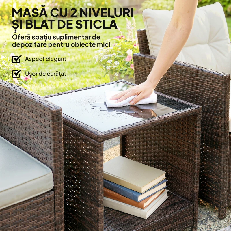Outsunny Set Bistro pentru Exterior 3 Piese din Ratan cu Măsuță pe 2 Niveluri, Perne pentru Balcon și Terasă, Maro și Crem