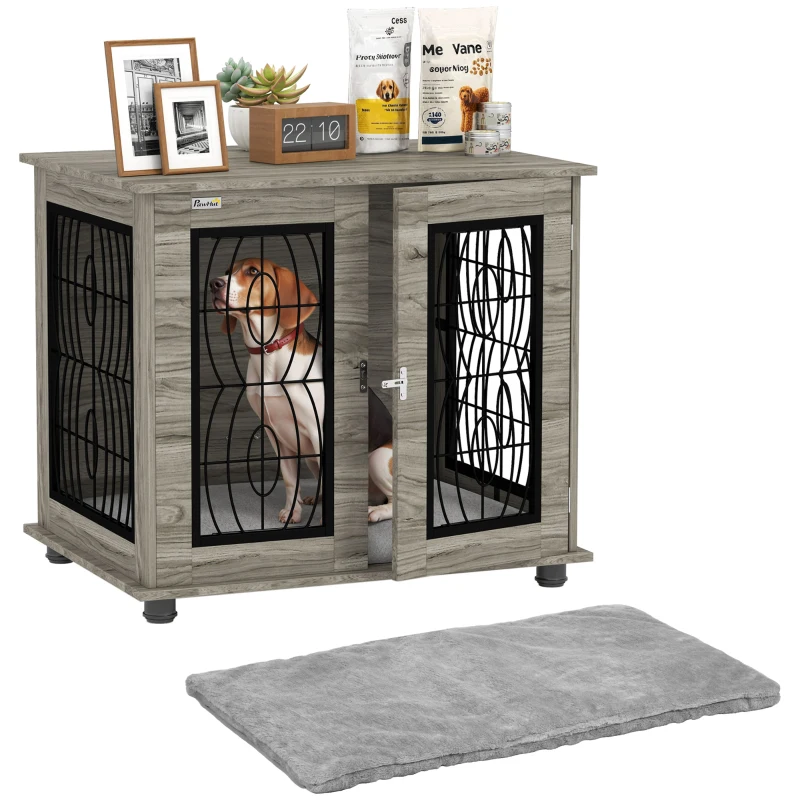 Indoor Dog Crate Furniture End Table with Soft Washable Cushion, Lockable Front Door, for Medium Dogs - Black