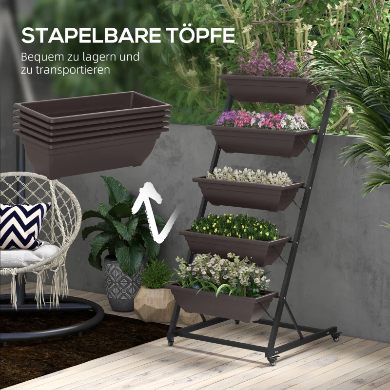 Outsunny 5-laags plantenrek, 145 cm hoog bloementoren met wieltjes en potten, stalen plantenplanken Bruin