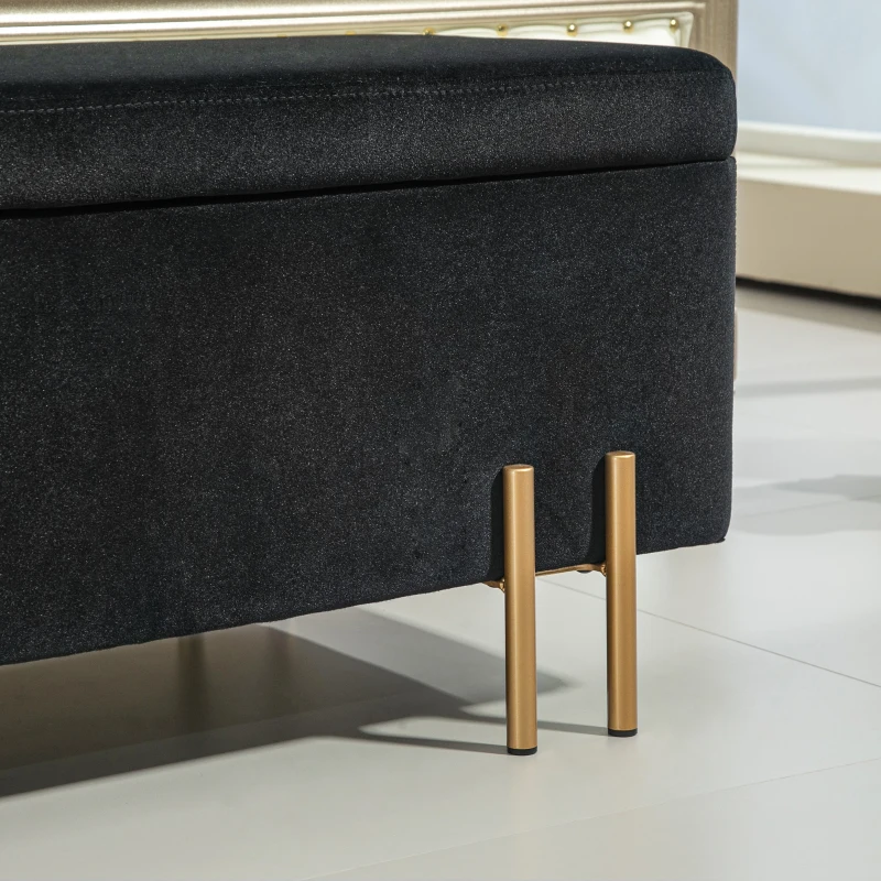 HOMCOM Zitbank, Gestoffeerde Bank met Opbergruimte, Metaal, Rubberhout, Schuimstof, 100 x 40 x 42 cm, Zwart
