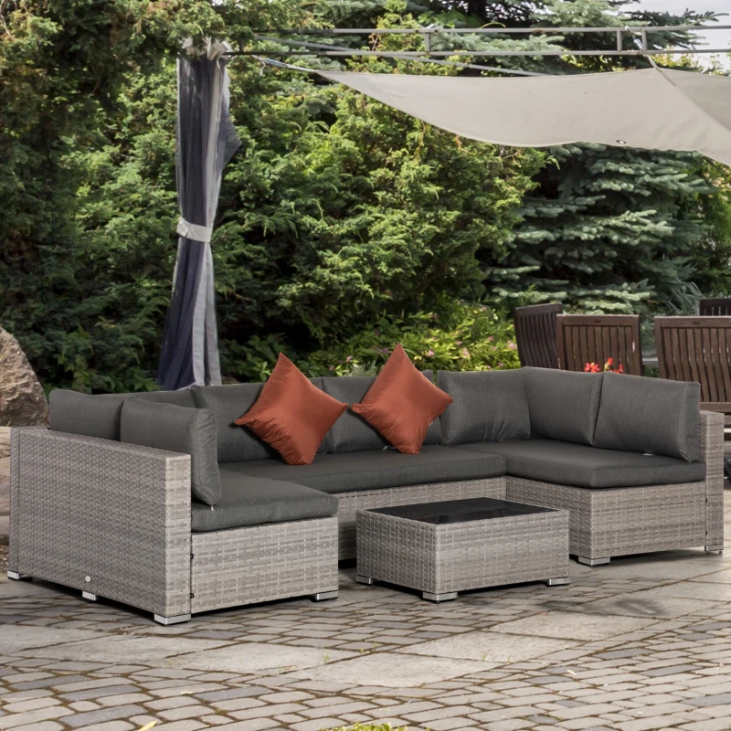 Outsunny Conjunto de Muebles de Jardín de Ratán 4 Piezas Mesa de Centro de Vidrio Sofá Doble y 2 Sofás Esquineros con Cojines Desenfundables para Terraza Exterior Gris