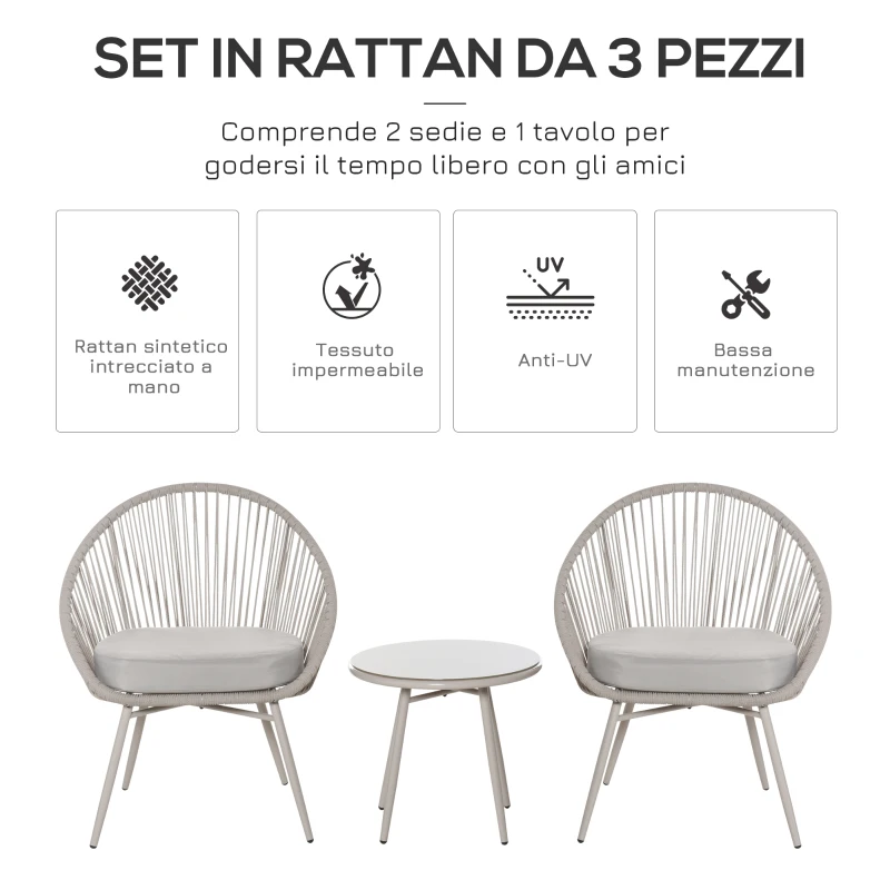 Outsunny Set da Giardino in Rattan Sintetico Stile Boho con Tavolino e 2 Sedie, Bianco Crema