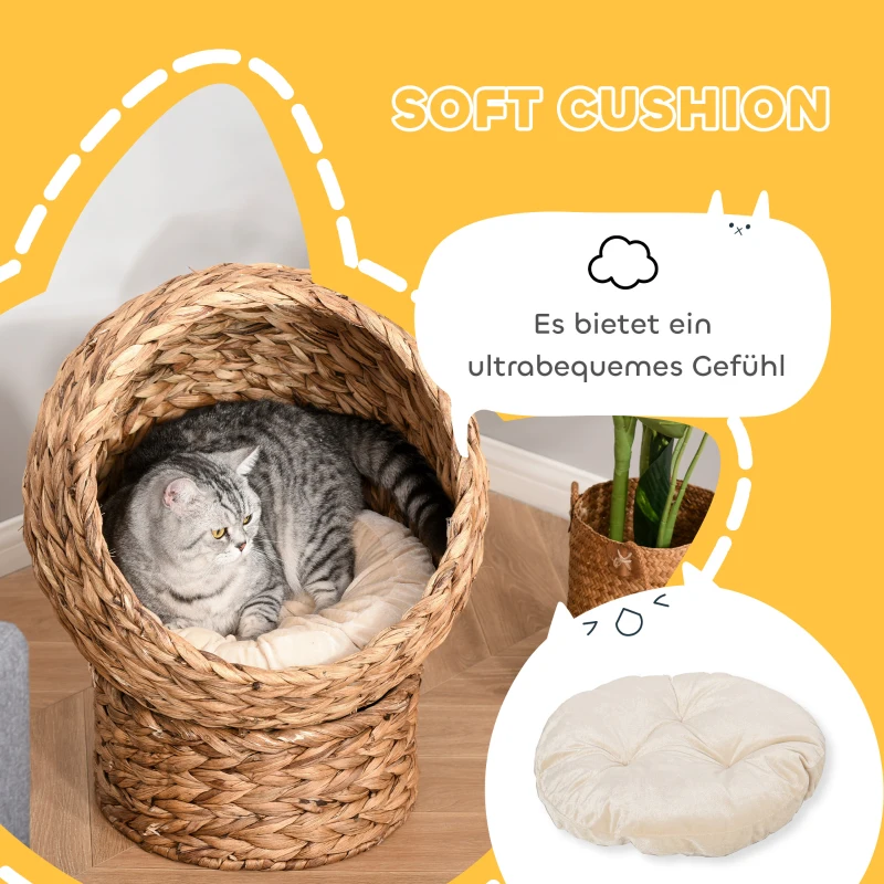 PawHut kattenmand rotan kattennest kattenbed met kussen huisdierbed bruin
