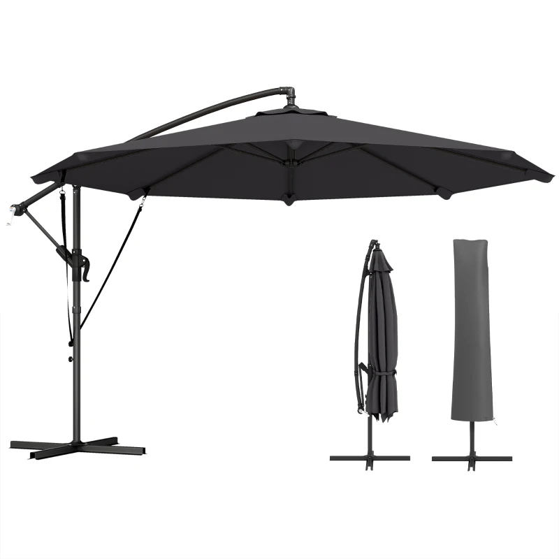 Outsunny 3 m Cantilever Parasol with Protective Cover and Wind Ropes, Banana Parasol with Crank Handle, Black