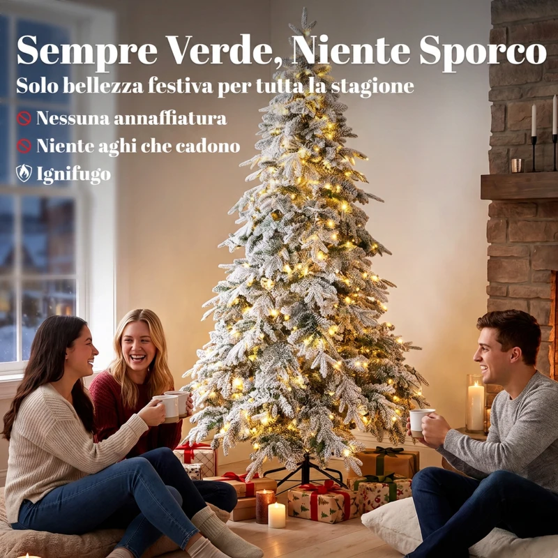 HOMCOM Albero Natale Innevato 210 cm con Luci LED 450 Bianco Caldo, Timer, Telecomando, 8 Modalità, 1080 Rami Ignifughi