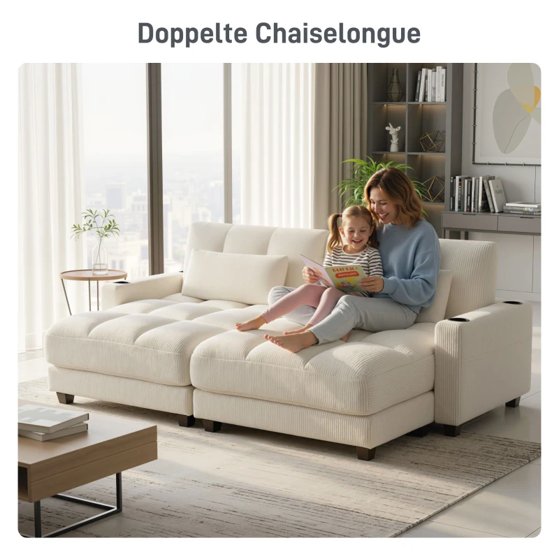 HOMCOM Slaapbank met kussen, schuimvulling, om te bouwen tot bed, bekerhouder, crèmewit(m-8)