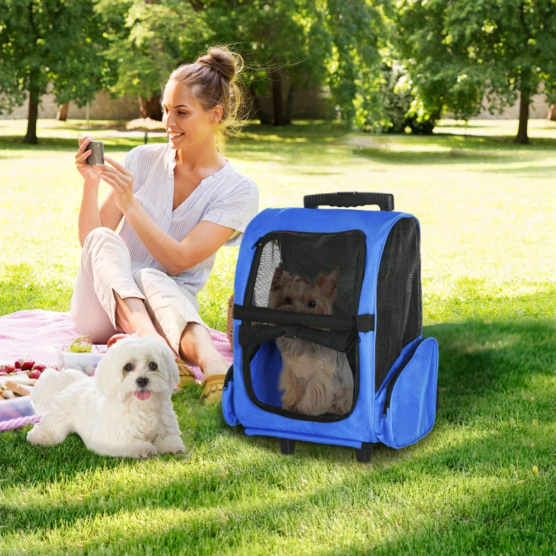 PawHut 2 in 1 Dog Backpack and Trolley, Pet Travel Backpack Cat Dog Carrier with Telescopic Handle, Portable Pet Stroller Wheel Luggage Bag (Blue)