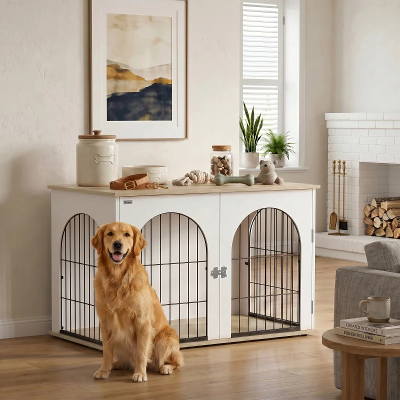 PawHut Dog Crate Furniture, Indoor Dog Cage with Double Doors for Large Breeds, Pet Kennel End Side Table