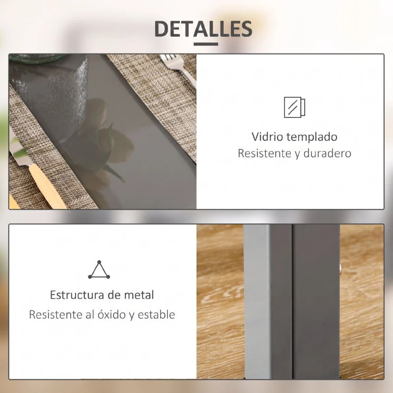 HOMCOM Conjunto de Comedor de Mesa y 4 Sillas 5 Piezas Mesa Rectangular de Vidrio Templado y Sillas Tapizadas en PU Gris