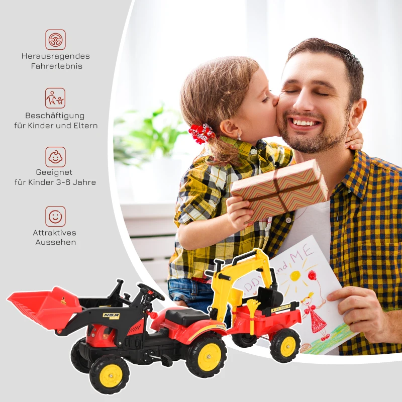 HOMCOM trapauto graafmachine trapgraafmachine met voorlader voor 3-6 jaar kinderen rood