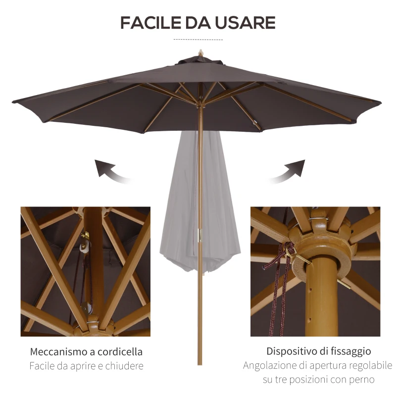 Outsunny Ombrellone da Giardino 3x2.5 m con Palo in Legno e 8 Stecche, Parasole da Esterno in Poliestere, Caffè