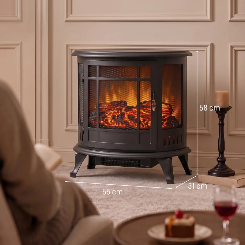 HOMCOM Electric Fireplace Stove, Freestanding Electric Fire Heater with Realistic LED Flame, 2000W, Black