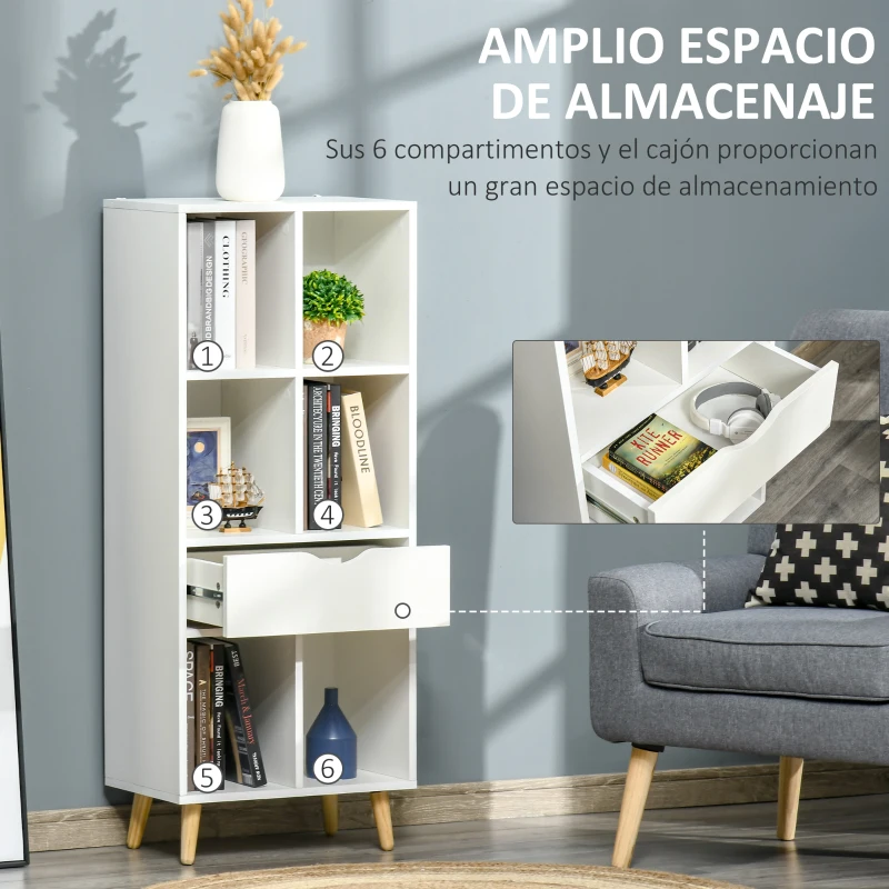 HOMCOM Estantería para Libros con 1 Cajón y Patas de Madera 6 Compartimentos Abiertos de Almacenaje 50x29,5x120 cm Blanco