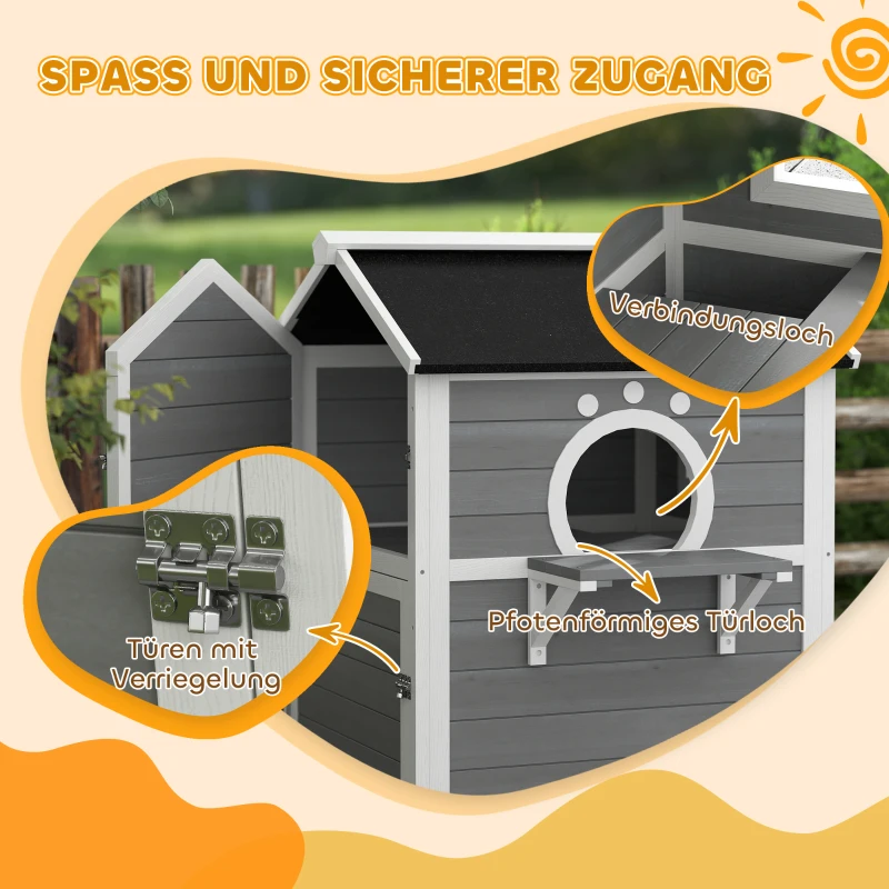 PawHut Buitenkattenhuis met Weerbestendig Dak, Venster, Balkon, Uitneembare Bodem, 2 Niveaus, voor 1-2 Katten, Grijs