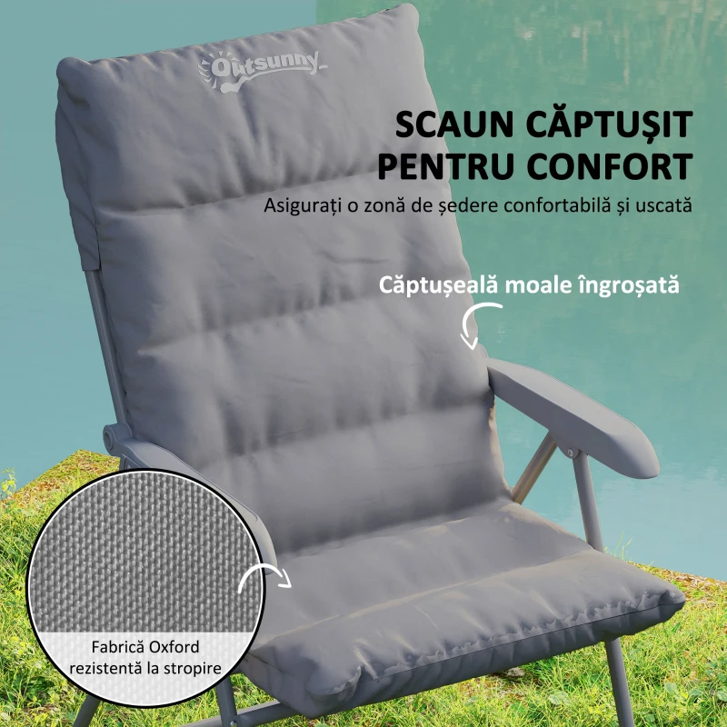 Outsunny Scaun de Camping Pliabil și Reglabil pe 5 Niveluri cu Buzunare Laterale, 66x58x105 cm, Gri Deschis