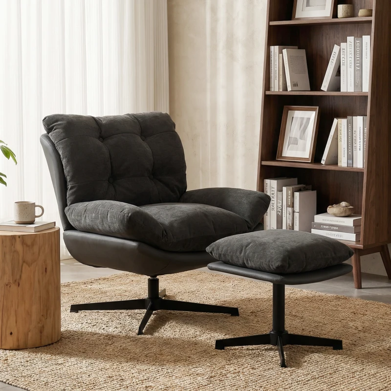 HOMCOM Accent Chair with Footstool, Swivel Lounge Chair with Chenille Upholstery, Metal Base, Dark Grey