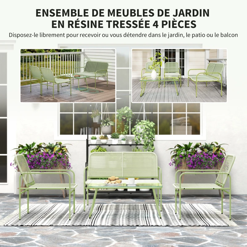 Outsunny Salon de Jardin extérieur résine tressée 4 places, canapé 2 places, 2 chaises, table en verre trempé cadre acier vert