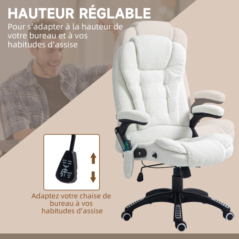 Vinsetto Fauteuil de bureau massant et chauffant hauteur réglable, dossier inclinable et télécommande filaire, pivotant à 360°