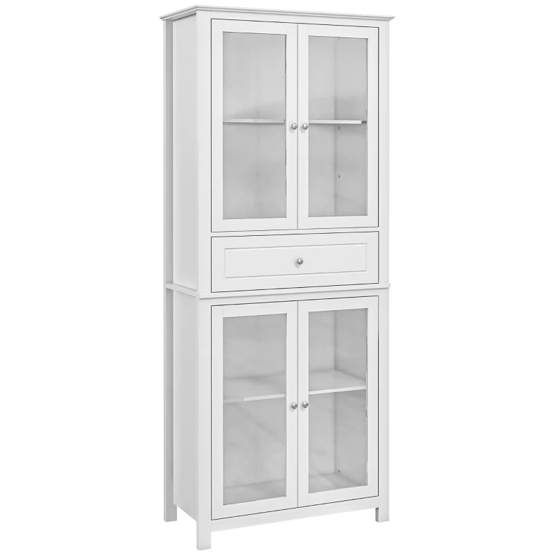 HOMCOM Alacena de Cocina Mueble Vitrina con 4 Puertas de Vidrio Templado Cajón y Estantes Ajustables 74x35,5x181,5 cm Blanco
