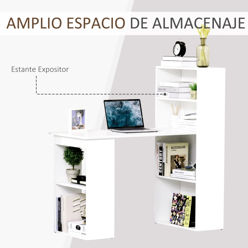 HOMCOM Escritorio con Estantería Librería Reversible Mesa de Ordenador con 6 Estantes de Almacenaje Estilo Moderno para Oficina Estudio Despacho 120x55x120 cm Blanco