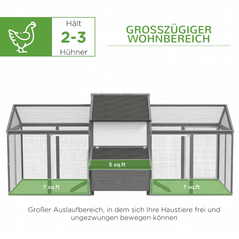 PawHut Kippenhok Konijnenhok 2 Buitenkooien, 1 Nestkast, 2 Ramps, Asfaltdak, Weerbestendig, Grijs(m-4)