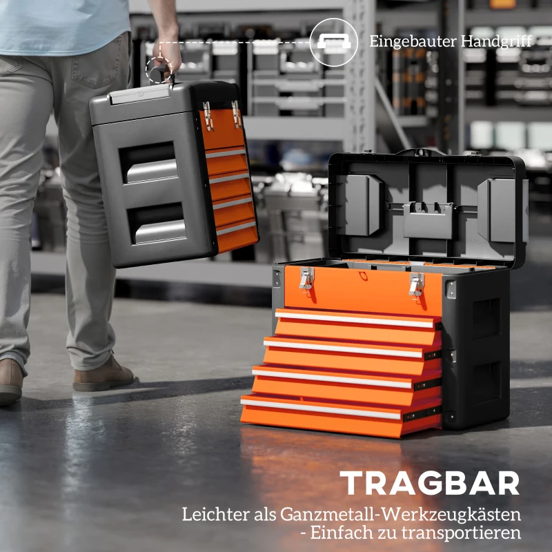 HOMCOM Lege gereedschapskist, 49,7 x 25,3 x 40,7 cm, gereedschapskoffer met 4 laden, mini-box, staal, oranje