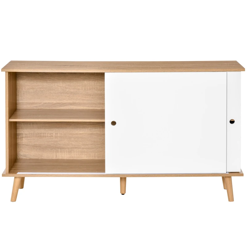 HOMCOM Aparador de Cocina con 2 Puertas Correderas Estantes Ajustables y Patas de Madera 130x40x74,5 cm Natural y Blanco