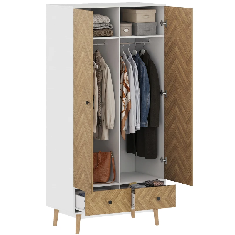 HOMCOM Cabinet Wood-Effect Sticker Surface, Modern Wardrobe with 2 Hanging Rods, 2 Storage Shelves and 2 Drawers, White
