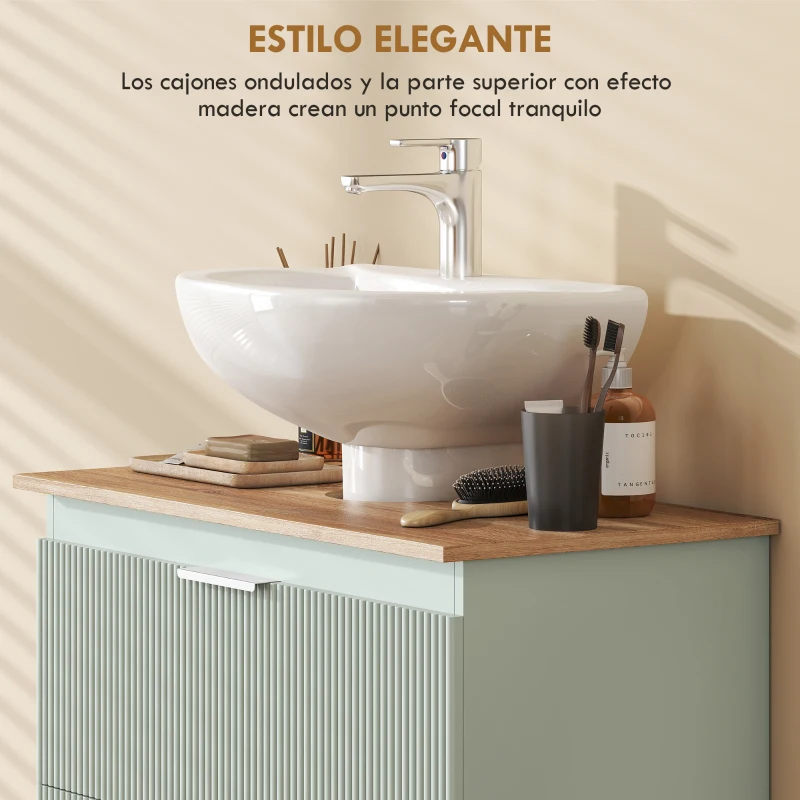 HOMCOM Mueble Bajo Lavabo con 2 Cajones con Frentes Ondulados para Lavabos con o sin Pedestal 80x40x60 cm Verde y Natural