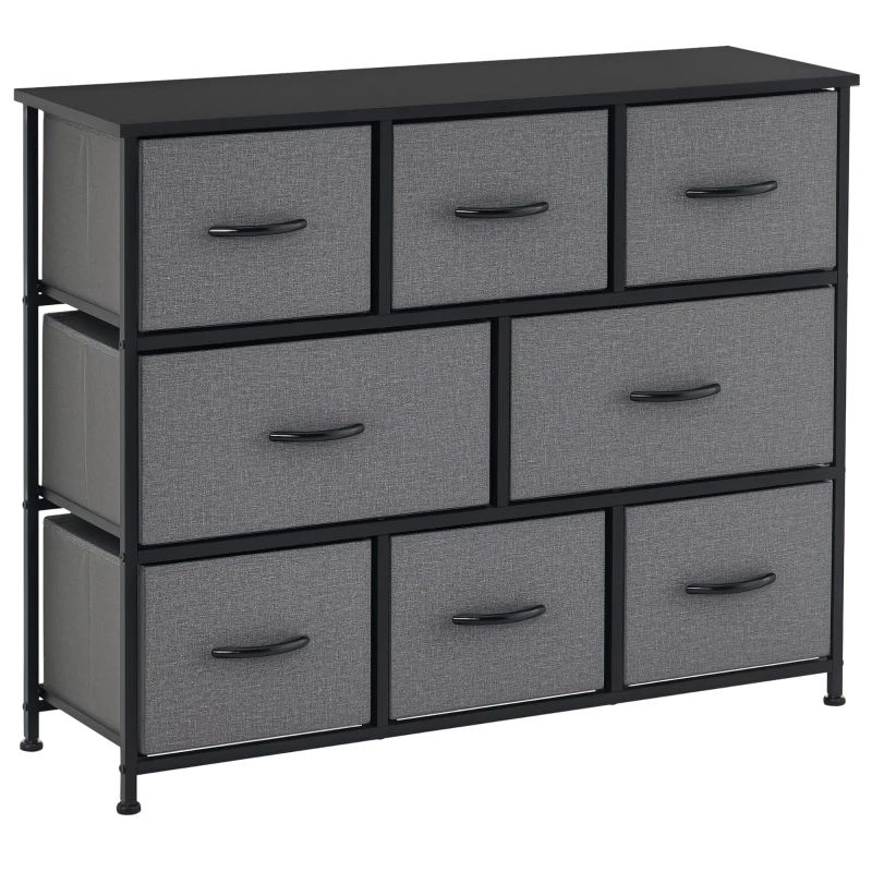 HOMCOM Ladekast met 8 Stoffen Lades, 2 Groot, 6 Klein, Metalen Frame, Kantelbeveiliging, Grijs