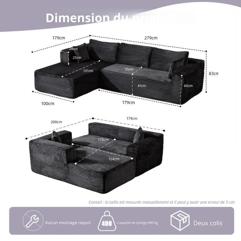 Canapé d'angle modulaire en L avec chaise longue, design minimaliste et gain de place, assise profonde, 279x179x83 cm, noir