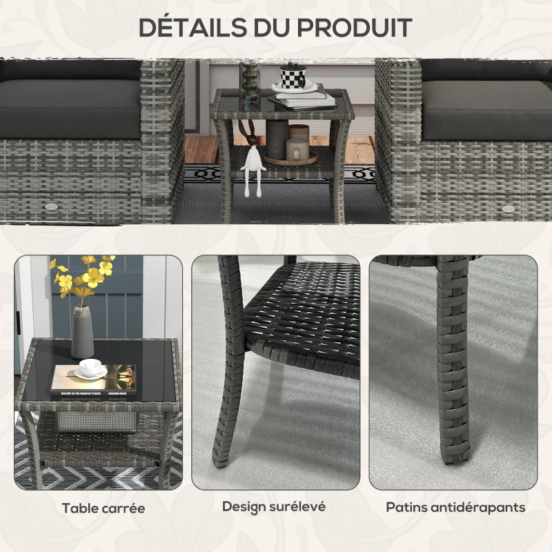 Outsunny Table d'appoint en résine tressée 2 niveaux 50x50x45cm, table basse de jardin carrée plateau en verre trempé, gris