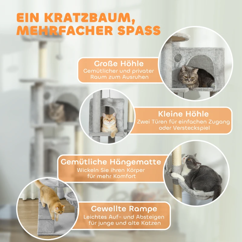 PawHut 160 cm kattenkrabpaal, meerdere niveaus, sisal-krabpalen, holen, pluche platforms, hangmat, ladder, speelballen