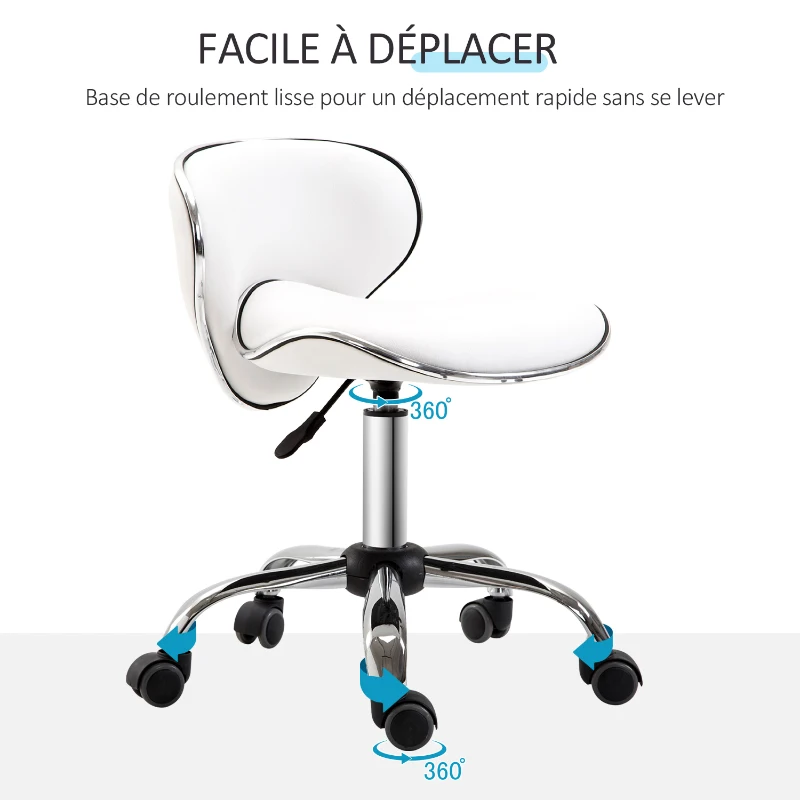 HOMCOM Tabouret à roulettes tabouret de travail avec hauteur réglable 44-56 cm et dossier, pivotant 360°, blanc