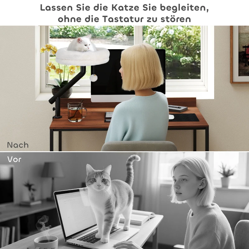PawHut katten-bureaubed, kattenbed voor op het bureau met 360° draaibaar ontwerp, verstelbare hoogte, ligbed met afneembaar machinewasbaar kussen, voor katten tot 6 kg, thuiskantoor, Crèmewit